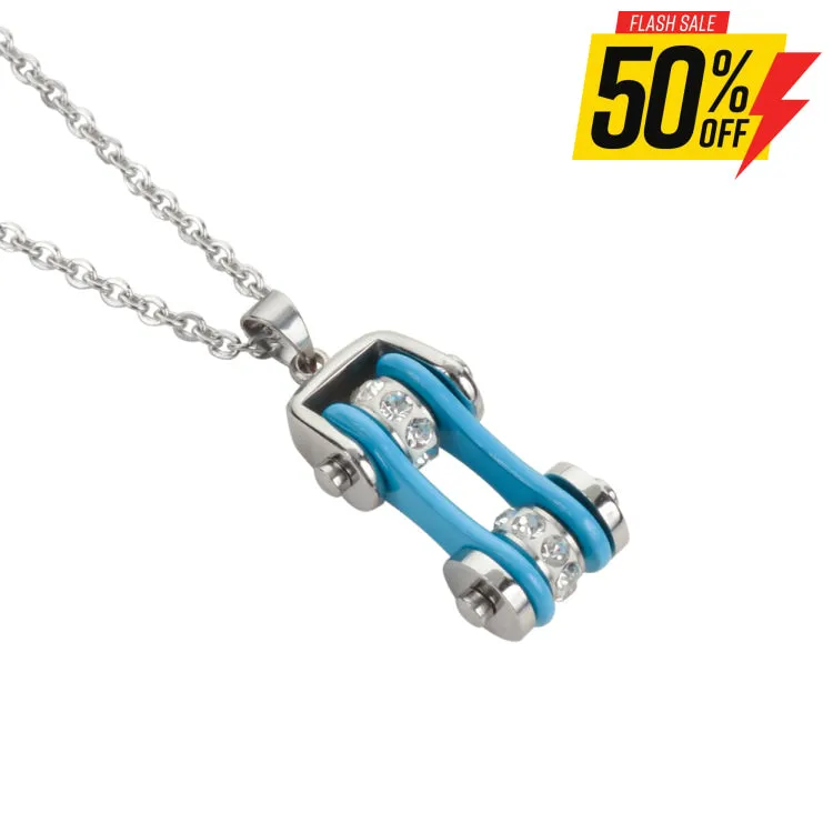 SK1104N Ladies Bike Chain Silver Turquoise Crystal Bling Necklace 19" Stainless Steel Motorcycle Jewelry