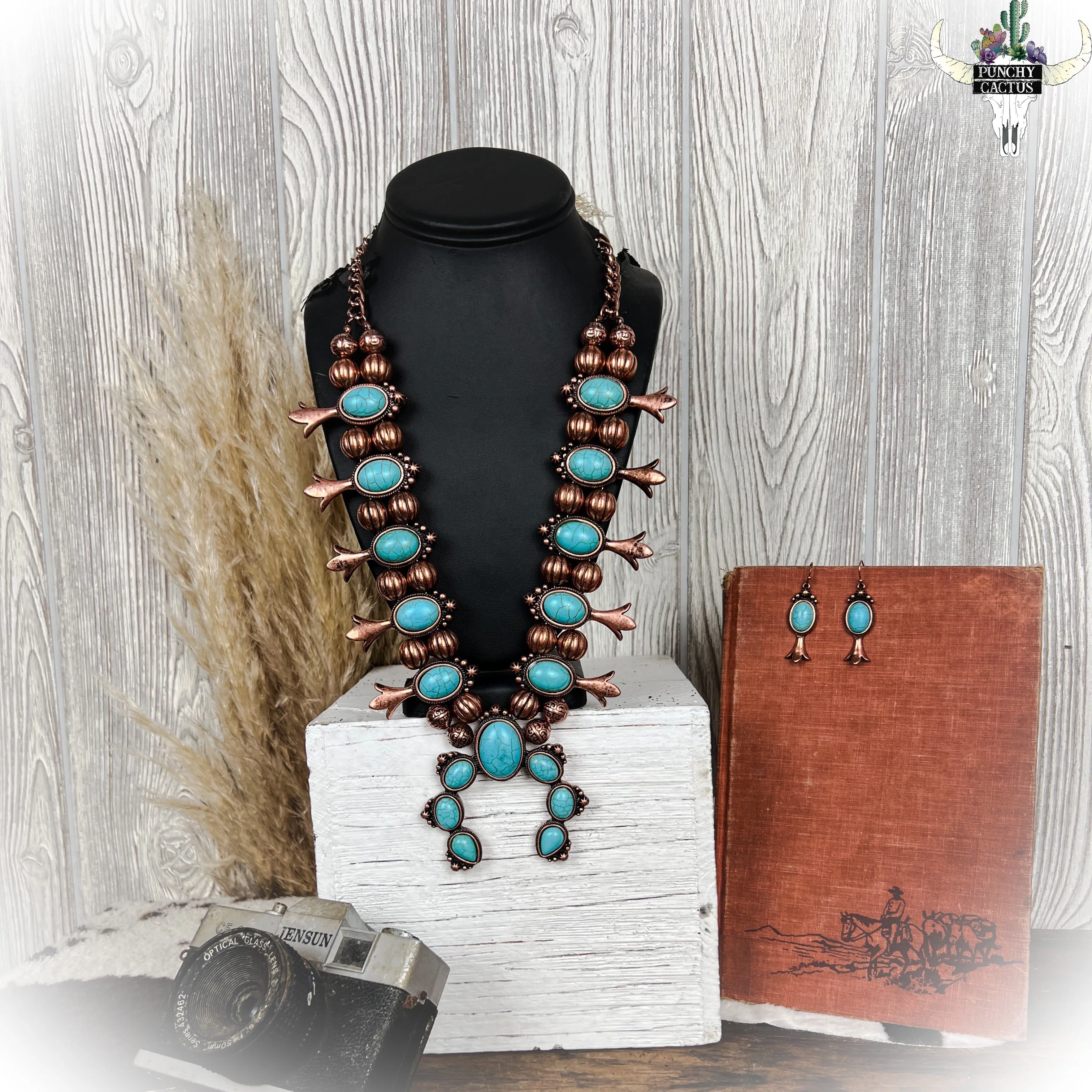 Squash Blossom Necklace & Earring Set - Bronze & Turquoise