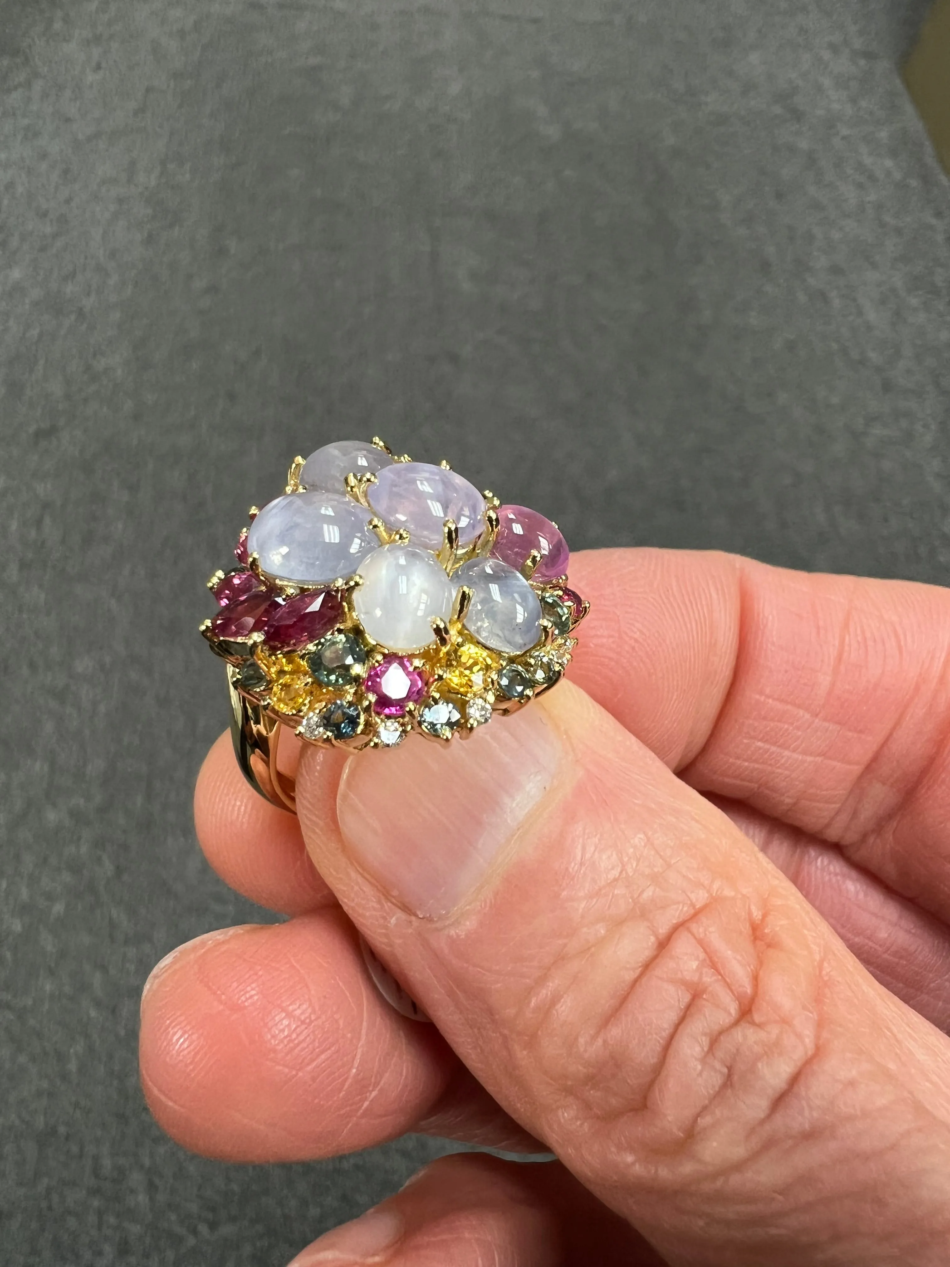 Star Sapphires and Multi Colored Sapphires Diamond Yellow Gold Cocktail Ring