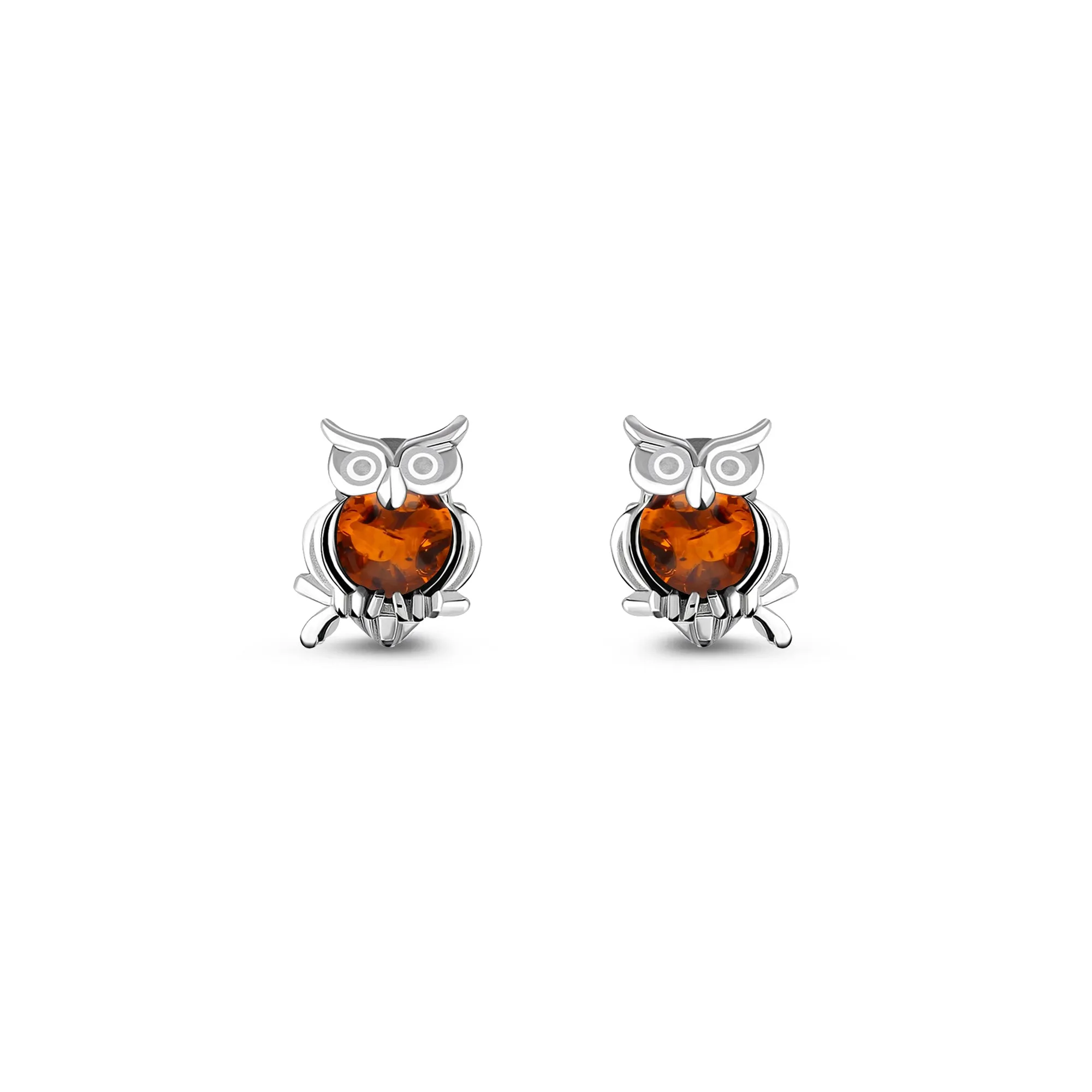 Sterling Silver Amber Owl Stud Earrings