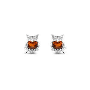 Sterling Silver Amber Owl Stud Earrings