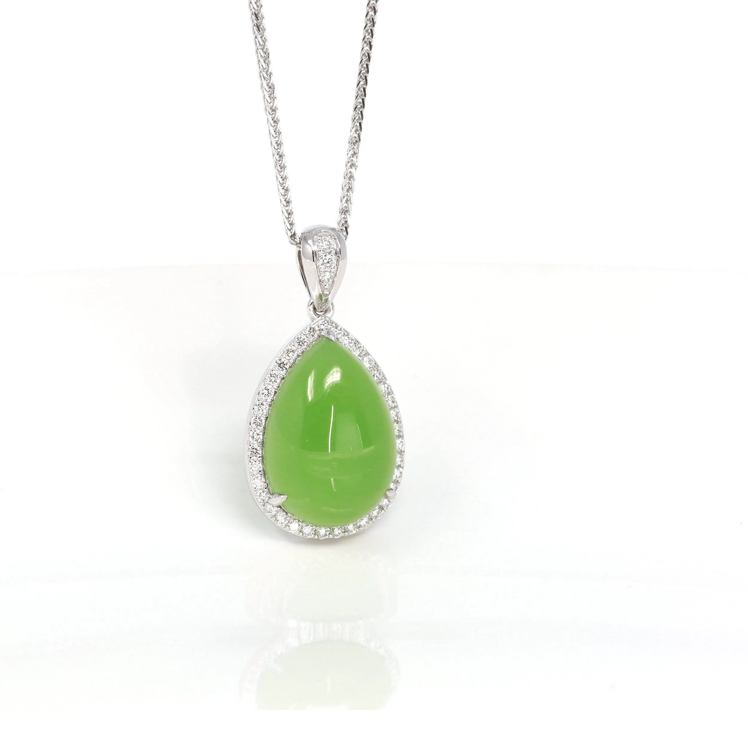 Sterling Silver Genuine Green Apple Green Jade Tear Drop Pendant Necklace With White Sapphire