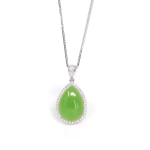 Sterling Silver Genuine Green Apple Green Jade Tear Drop Pendant Necklace With White Sapphire