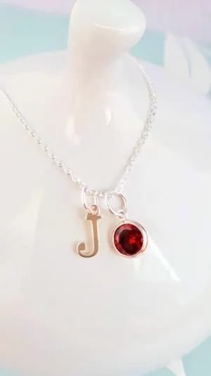 Sterling Silver Initial and Ruby Gemstone Necklace