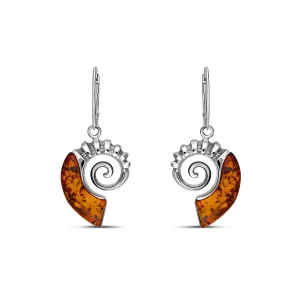 Sterling Silver Large Amber Ammonite Drop Earrings