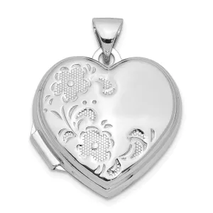 Sterling Silver Rhodium-plated 18mm Floral Heart Locket