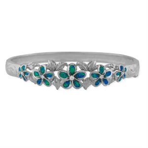 Sterling Silver Synthetic Blue Opal Five Plumeria Maile Bangle 7 Inch