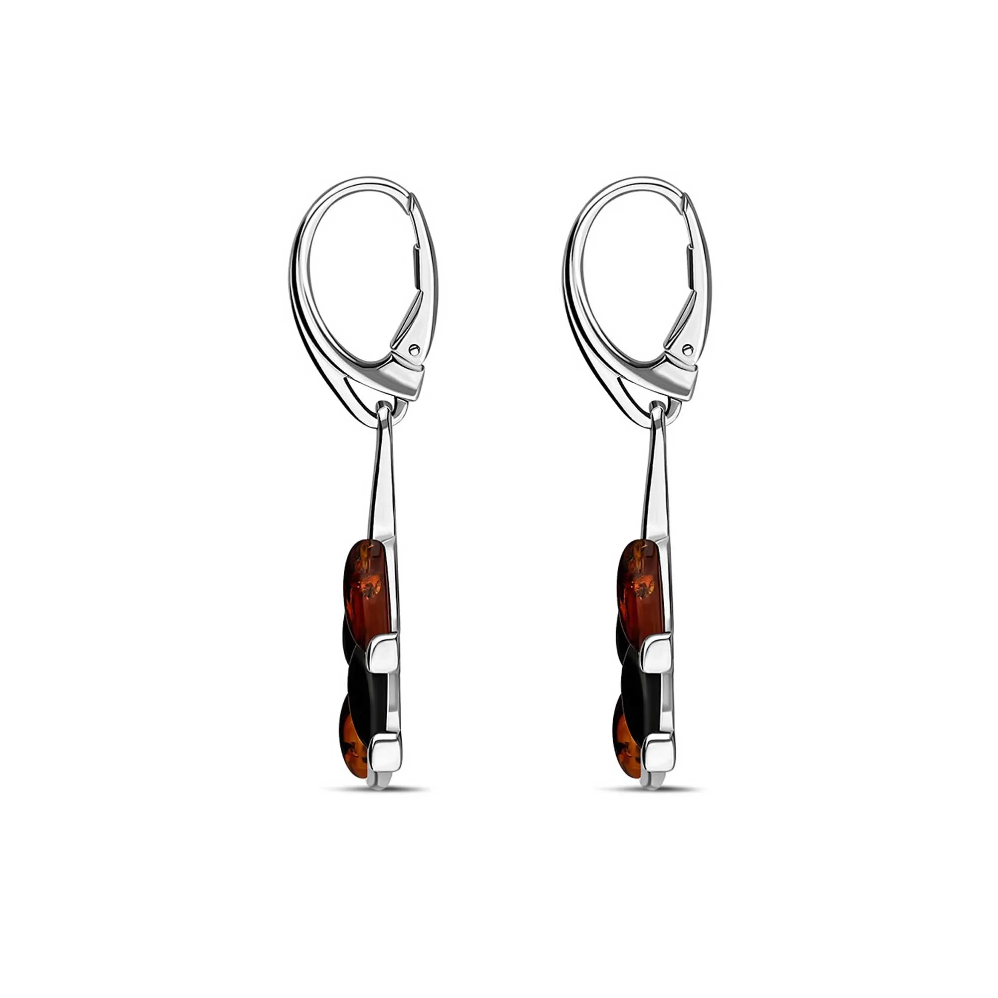 Sterling Silver Whitby Jet & Amber Four Leaf Drop Earrings