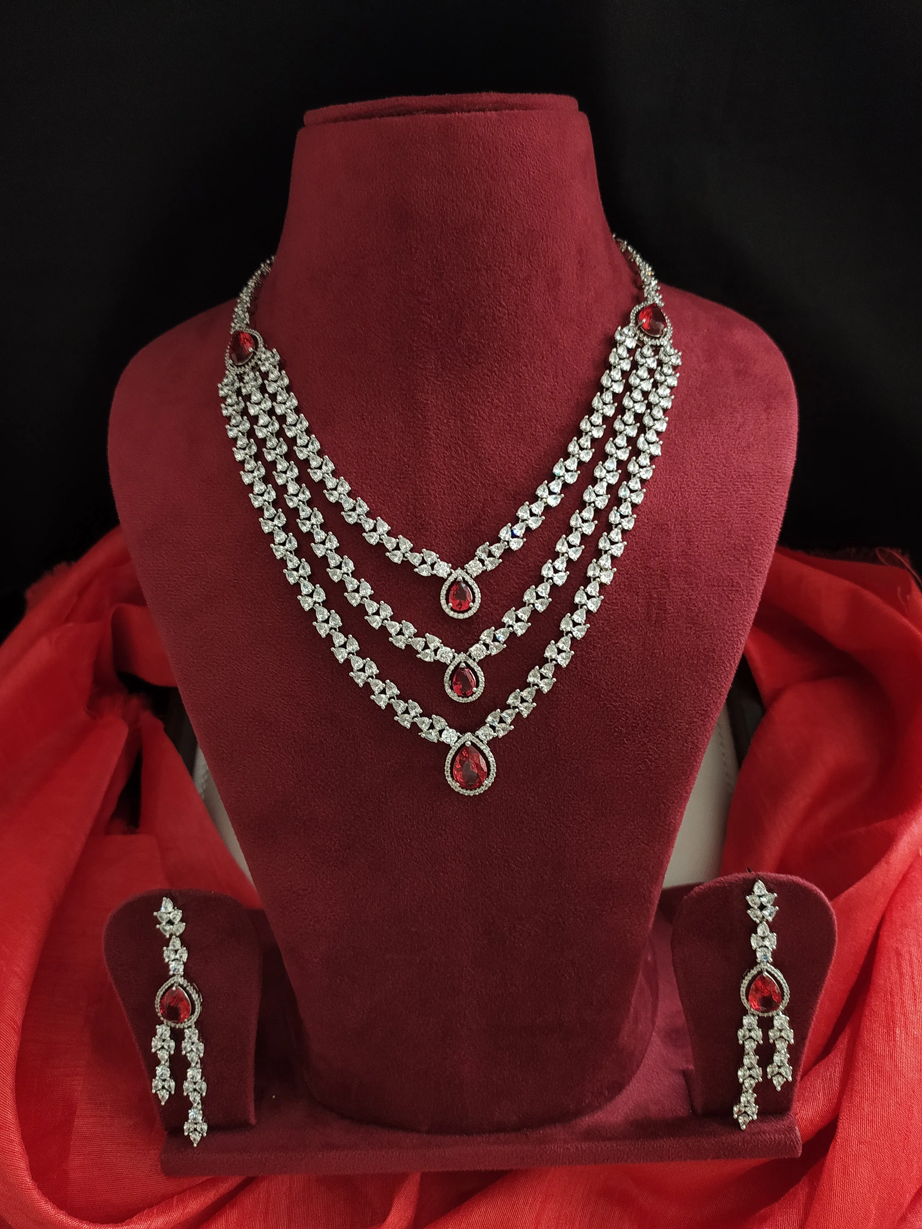 Triple Layer Necklace With Zircon Stones And With Centre Ruby