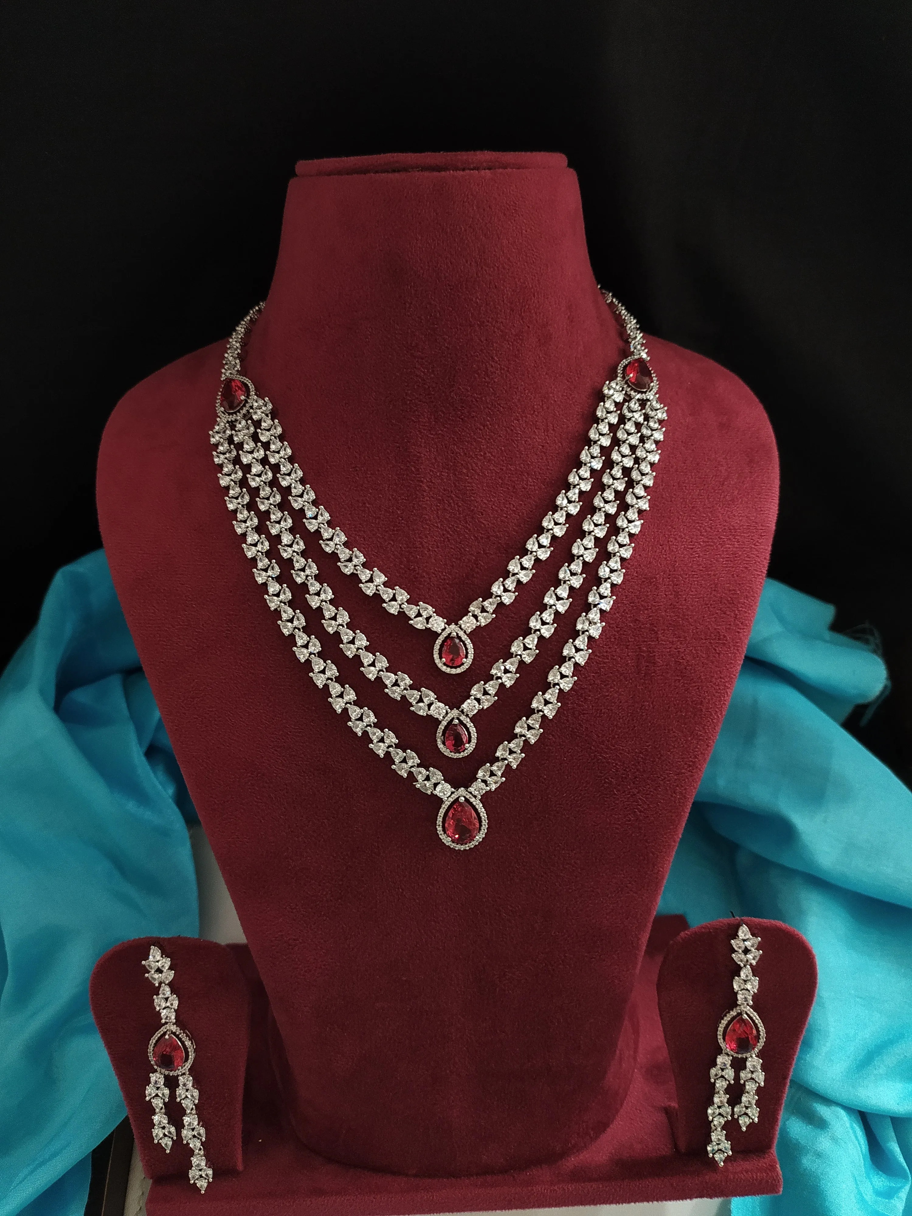 Triple Layer Necklace With Zircon Stones And With Centre Ruby