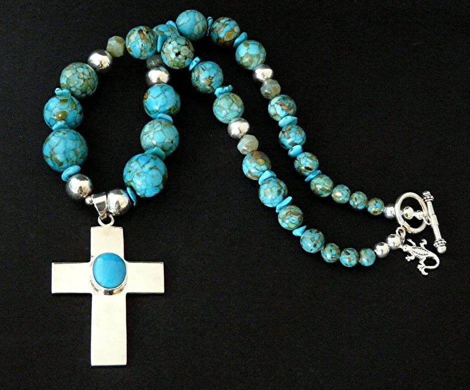 Turquoise and Sterling Silver Cross Pendant with Blue Gem Chip Turquoise Rounds, Czech Glass & Sterling