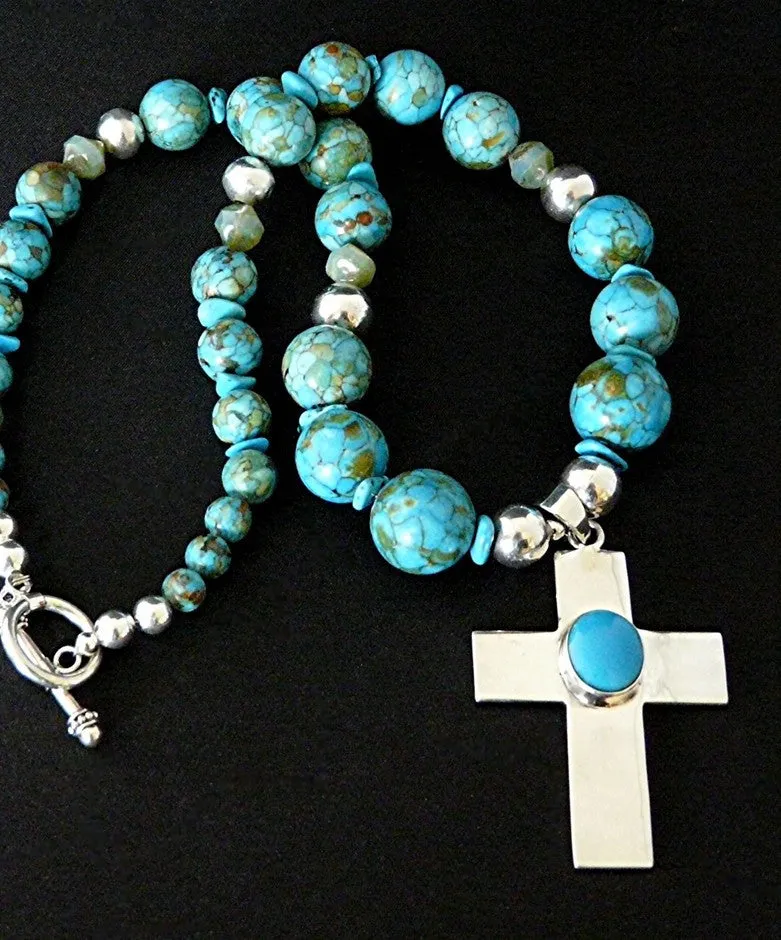 Turquoise and Sterling Silver Cross Pendant with Blue Gem Chip Turquoise Rounds, Czech Glass & Sterling