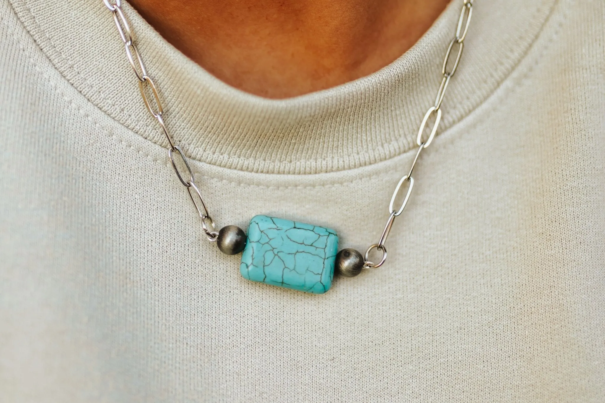 Turquoise Bar Paperclip Chain Necklace