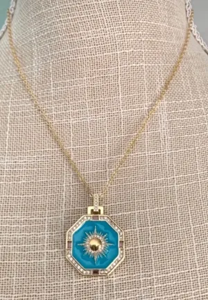 Turquoise Enamel and Rhinestone Pendant