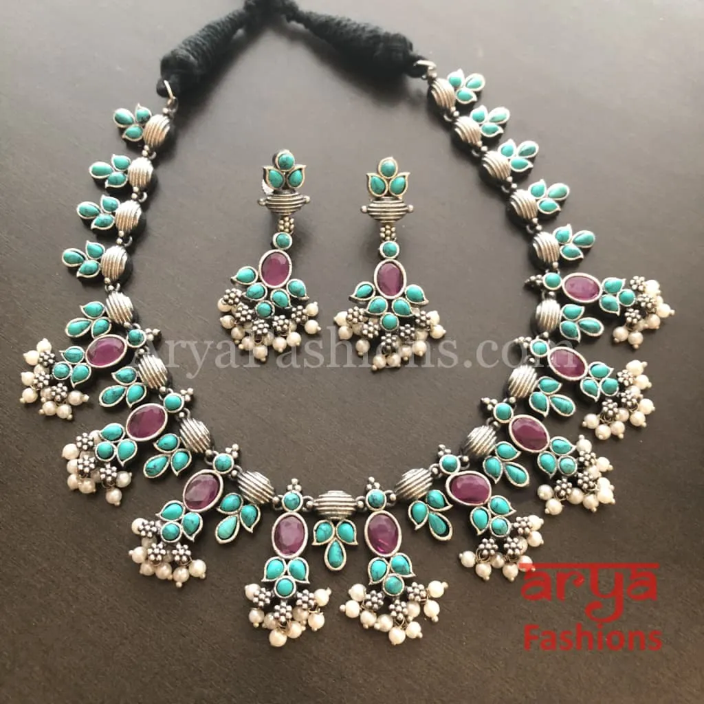 Turquoise Oxidized Tribal Bib Necklace with Pearl beads