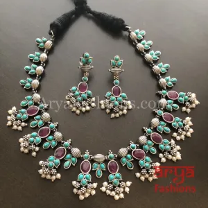 Turquoise Oxidized Tribal Bib Necklace with Pearl beads