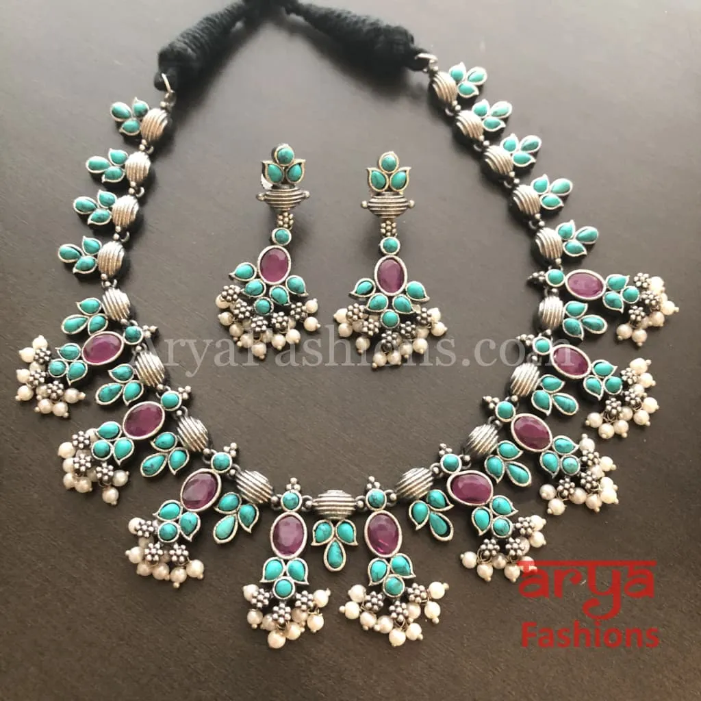 Turquoise Oxidized Tribal Bib Necklace with Pearl beads