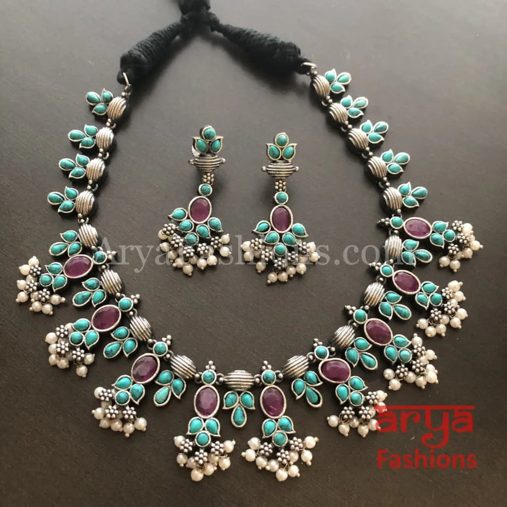 Turquoise Oxidized Tribal Bib Necklace with Pearl beads