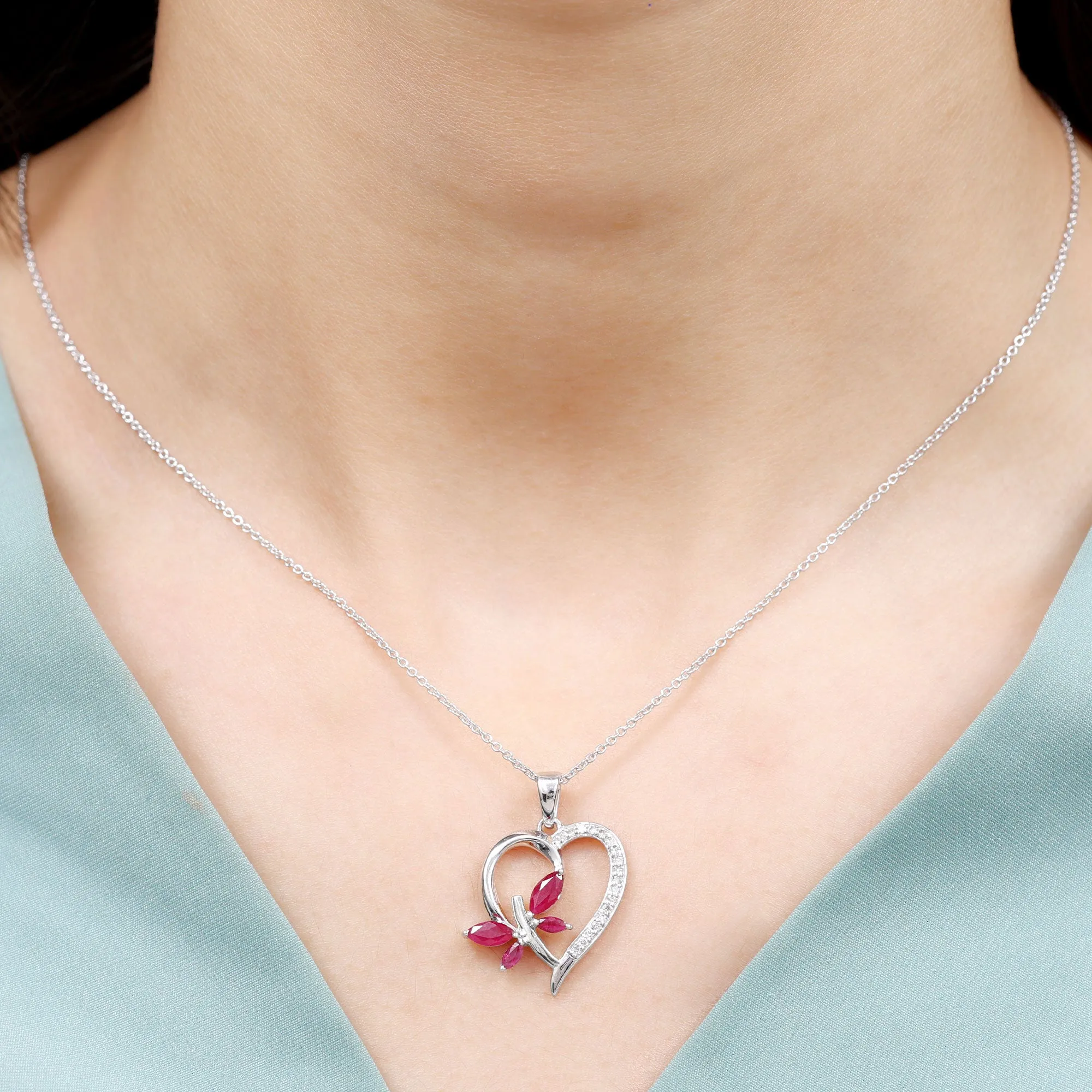 Two Tone Butterfly Heart Pendant with Created Ruby and Diamond