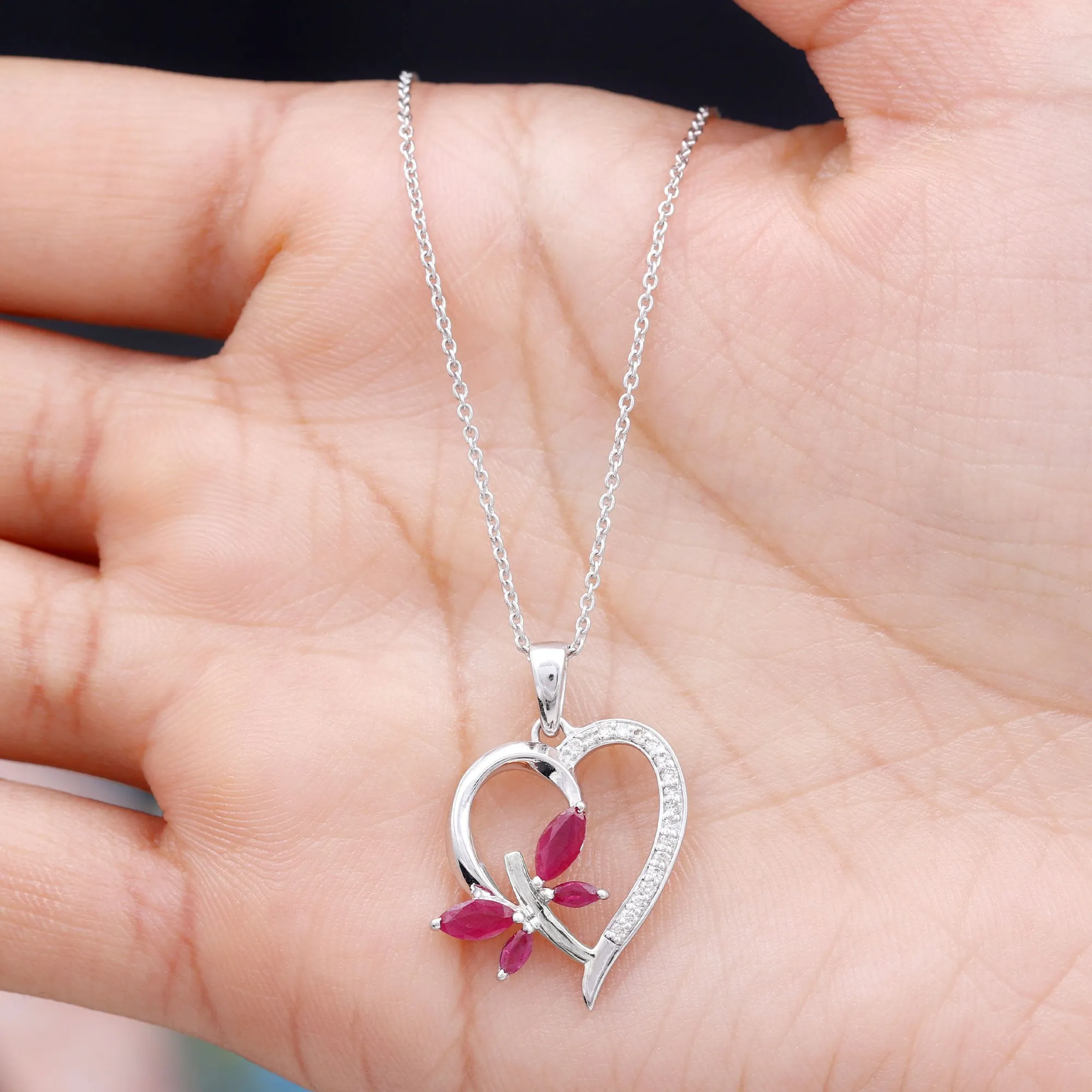 Two Tone Butterfly Heart Pendant with Created Ruby and Diamond