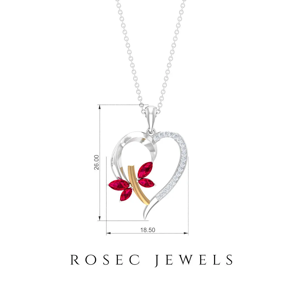 Two Tone Butterfly Heart Pendant with Created Ruby and Diamond