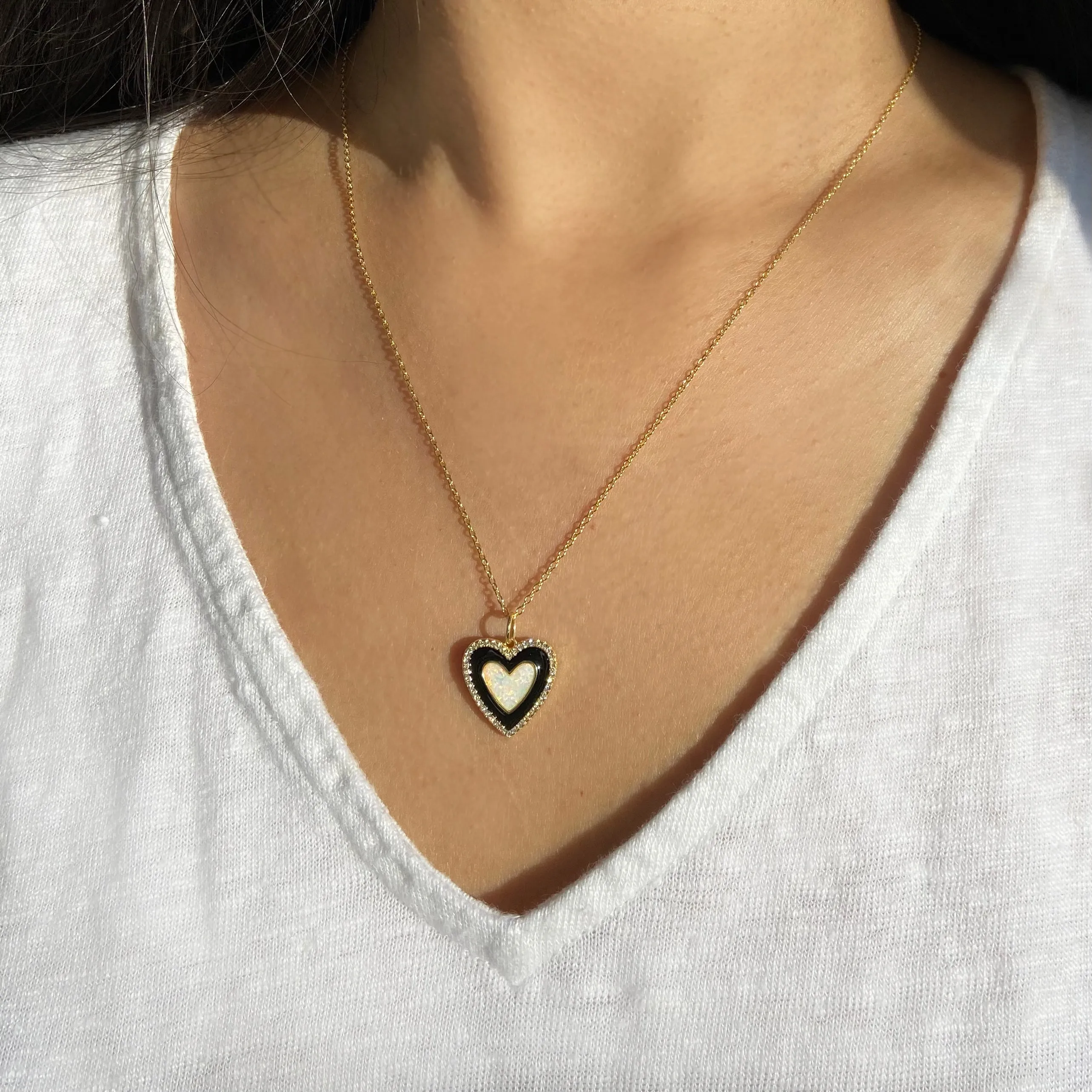 Two Tone Heart Necklace - Black Enamel and Opal