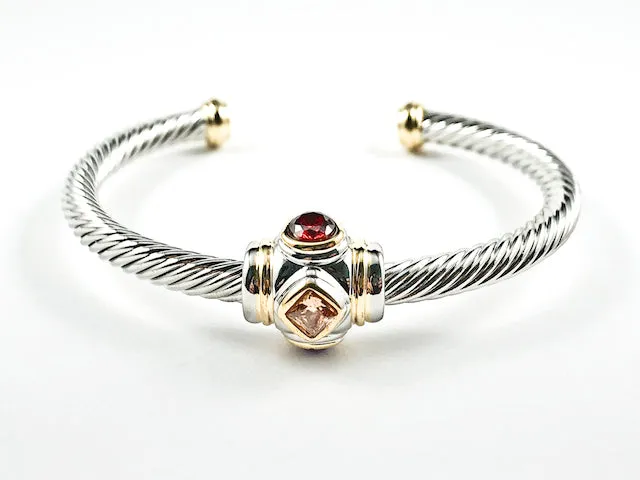 Unique Cable Wire Style Center Lantern Color Stones Duo Ends Brass Cuff Bangle