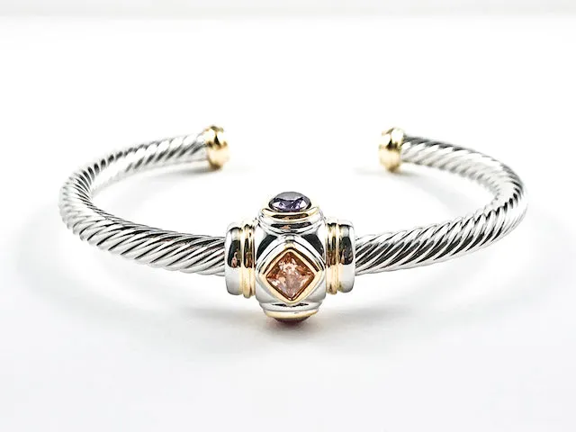 Unique Cable Wire Style Center Lantern Color Stones Duo Ends Brass Cuff Bangle