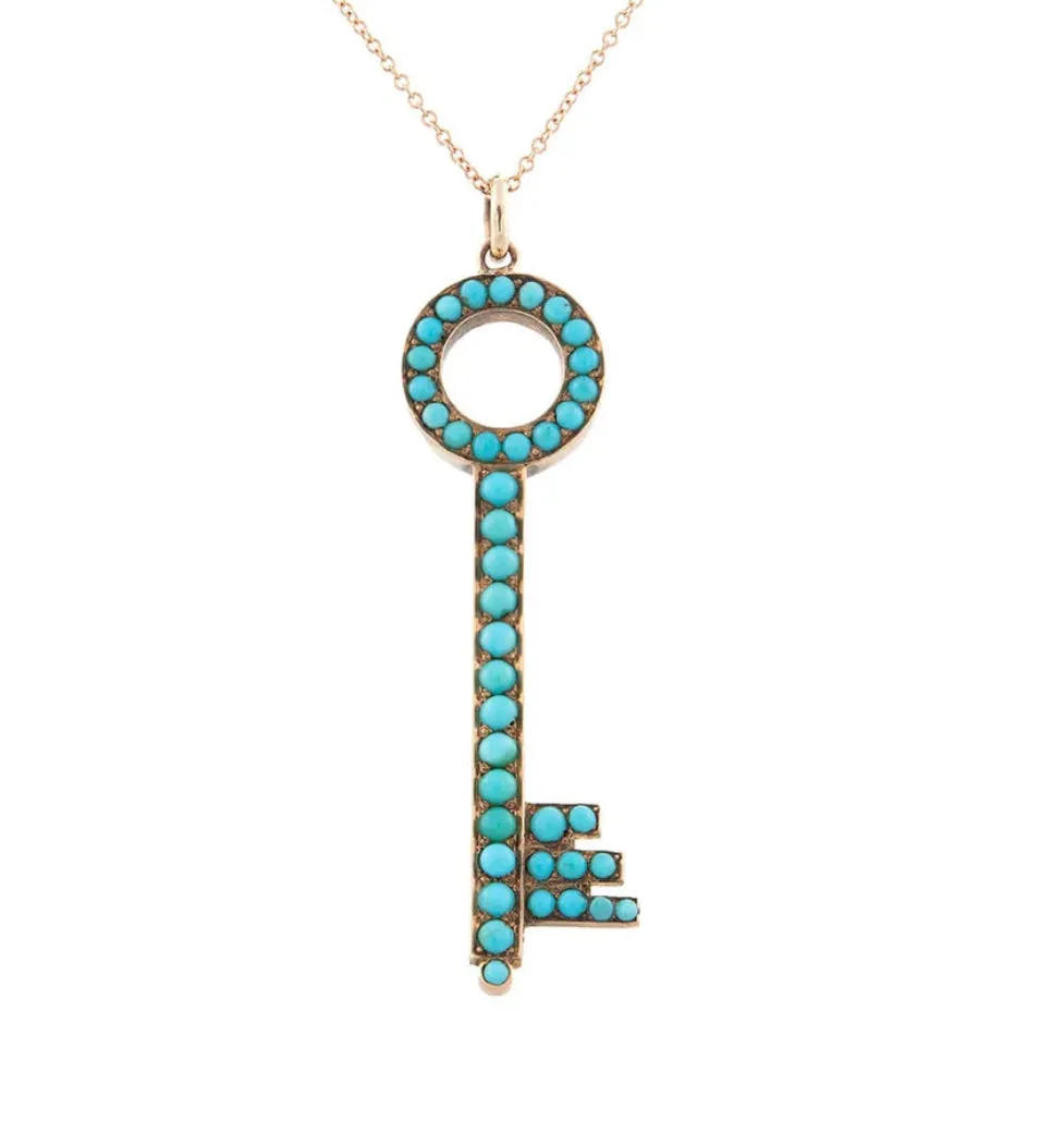 Victorian 14kt Rose Gold   Persian Turquoise Key Pendant Necklace