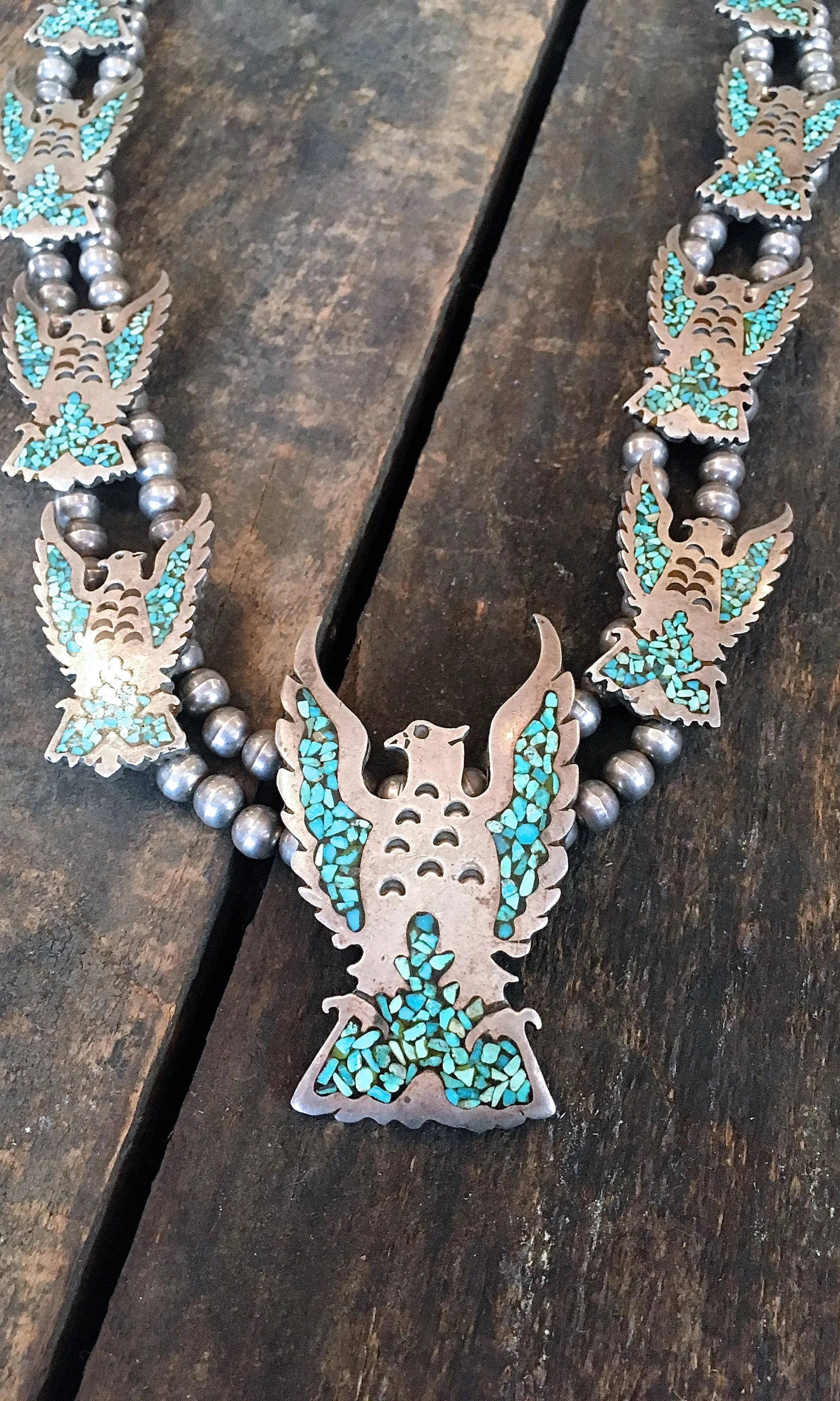 Vintage 1970s Necklace | Falcon Squash Blossom Inlay Turquoise Sterling Silver | Navajo, Southwestern Native American  Jewelry, Boho Hippie