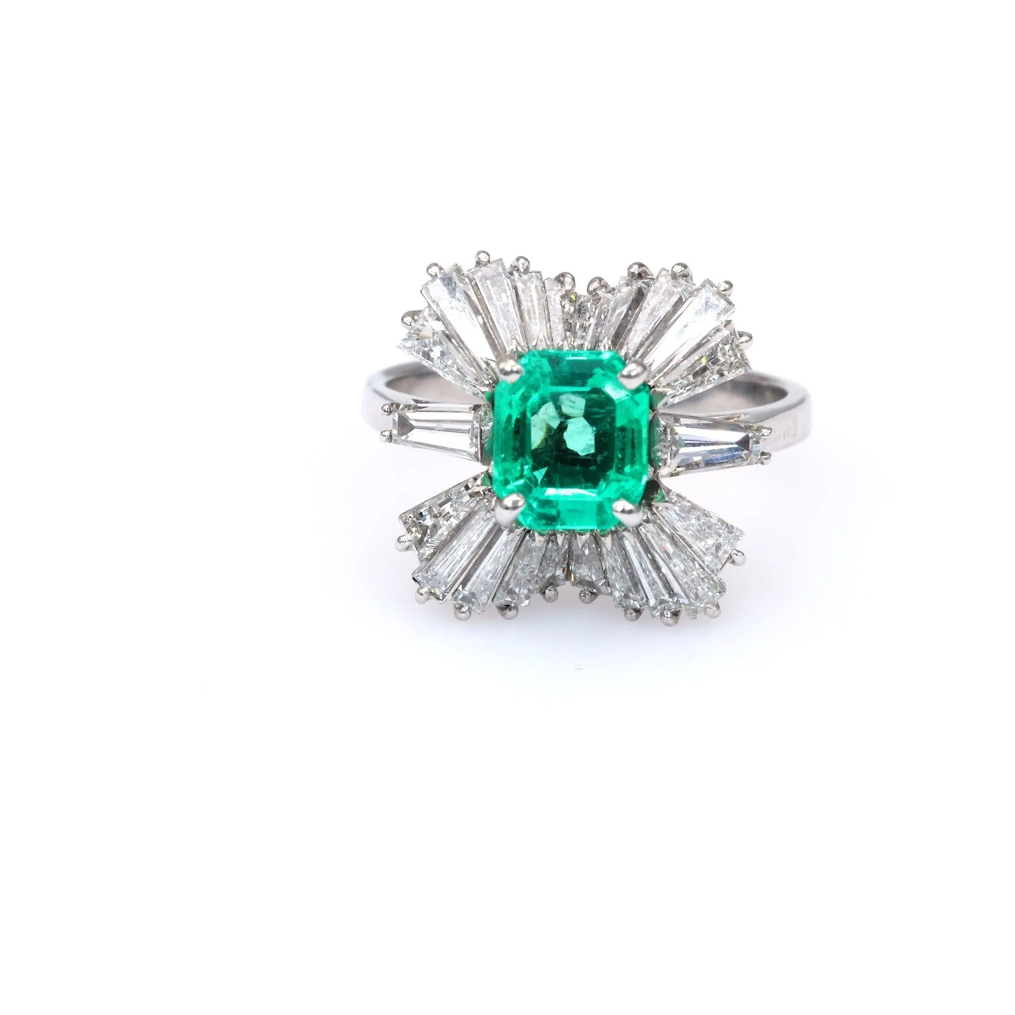 Vintage GIA Colombian Emerald Diamond Platinum Ballerina Cocktail Ring