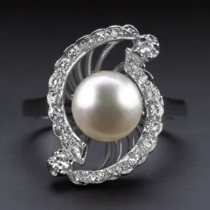 VINTAGE PEARL DIAMOND CLUSTER RING MID CENTURY COCKTAIL 14k WHITE GOLD NATURAL