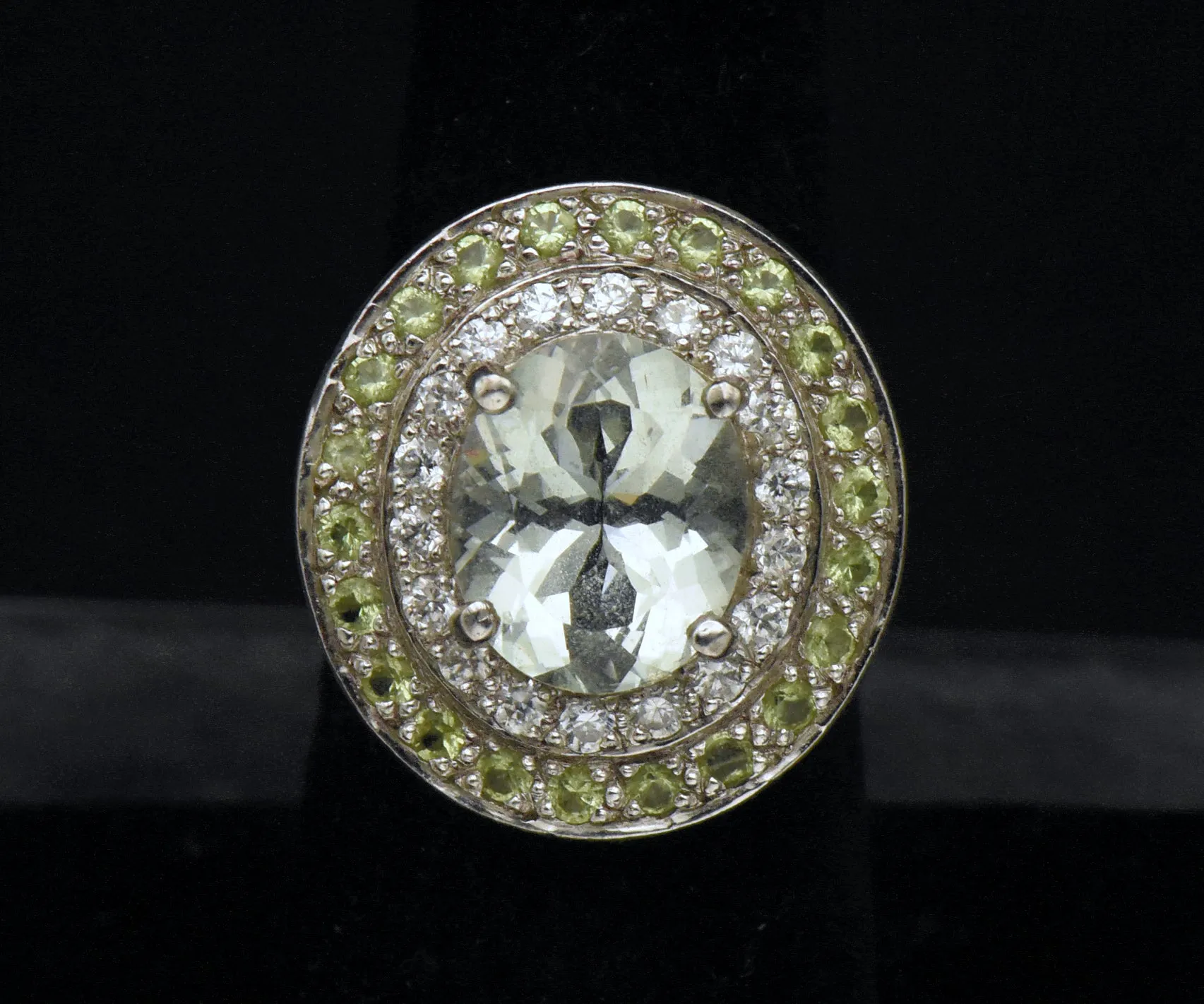 Vintage Prasiolite and Crystals Sterling Silver Ring - Size 6.5