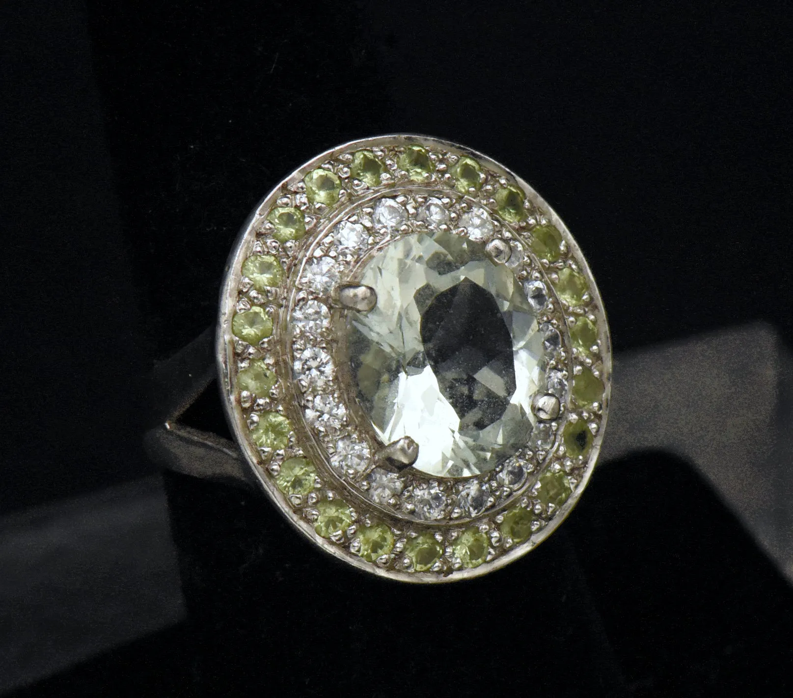 Vintage Prasiolite and Crystals Sterling Silver Ring - Size 6.5