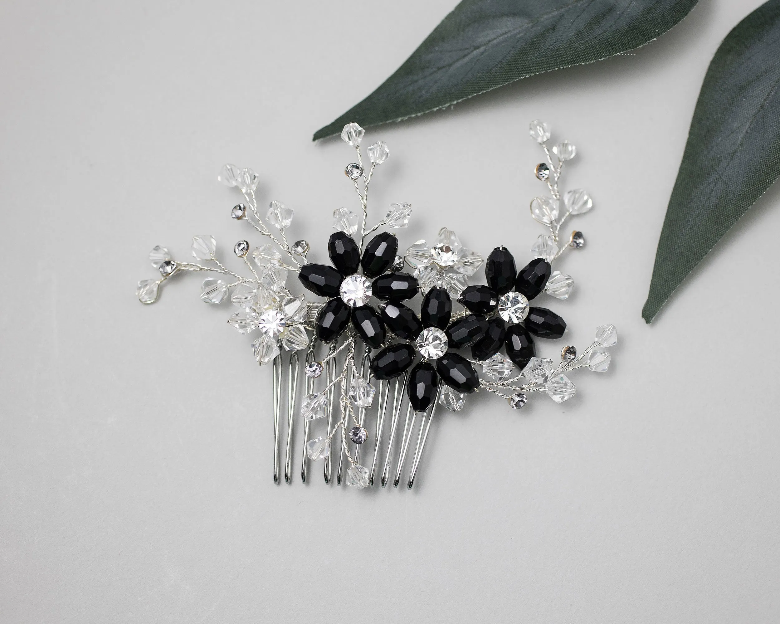 Wedding Hair Comb with Black Crystal Beads