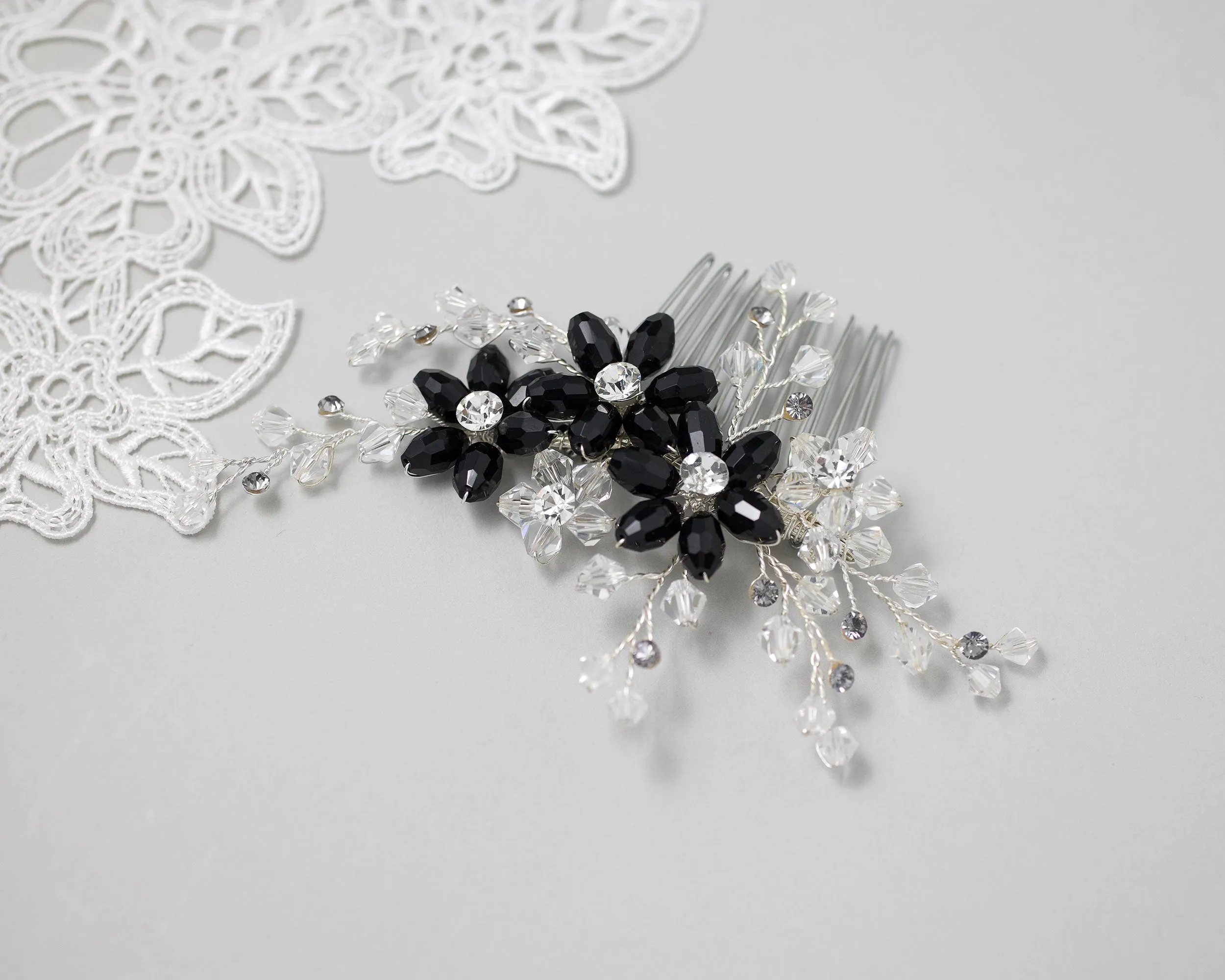 Wedding Hair Comb with Black Crystal Beads