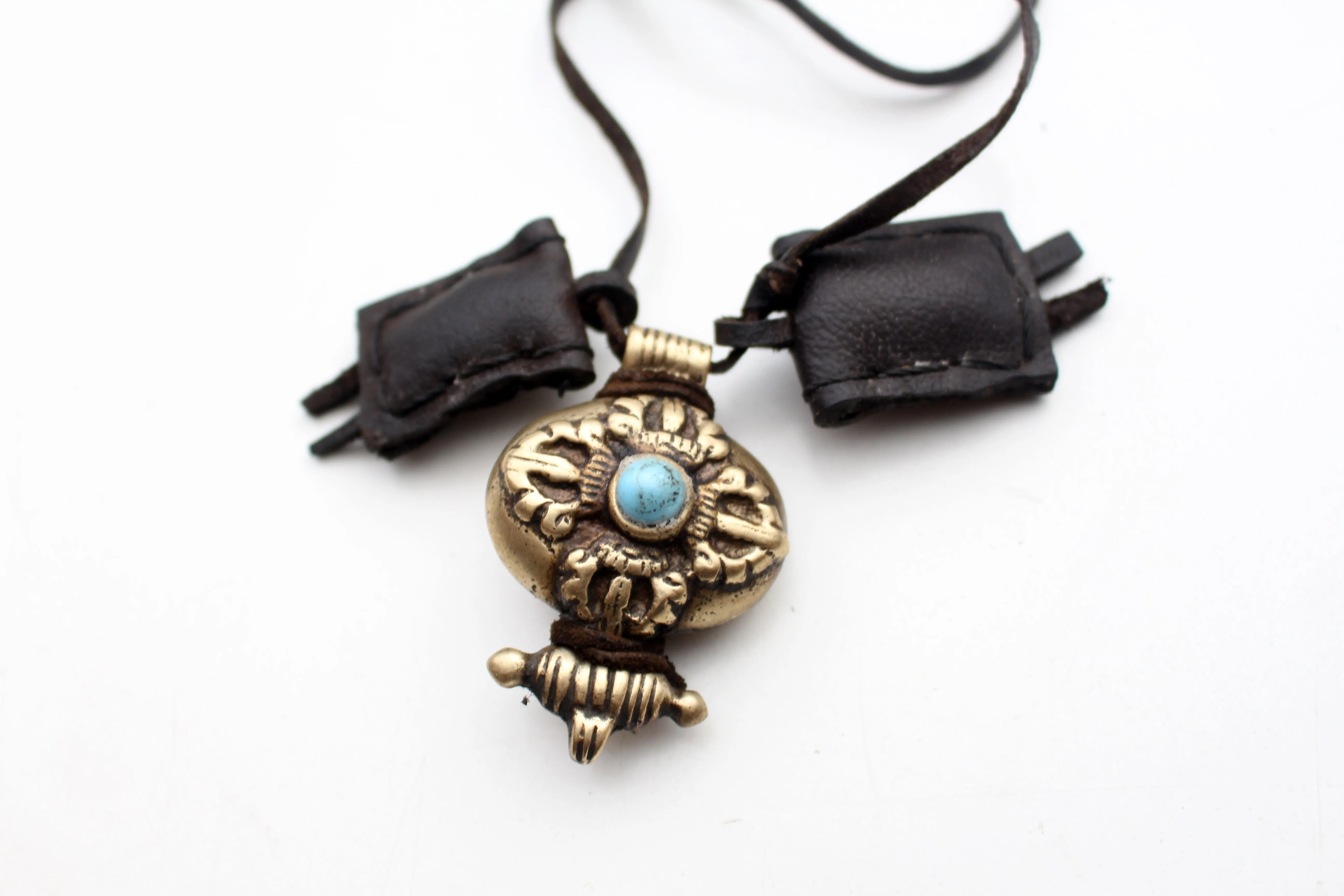 White Metal Double Dorjee Ghau Locket Inlaid Turquoise