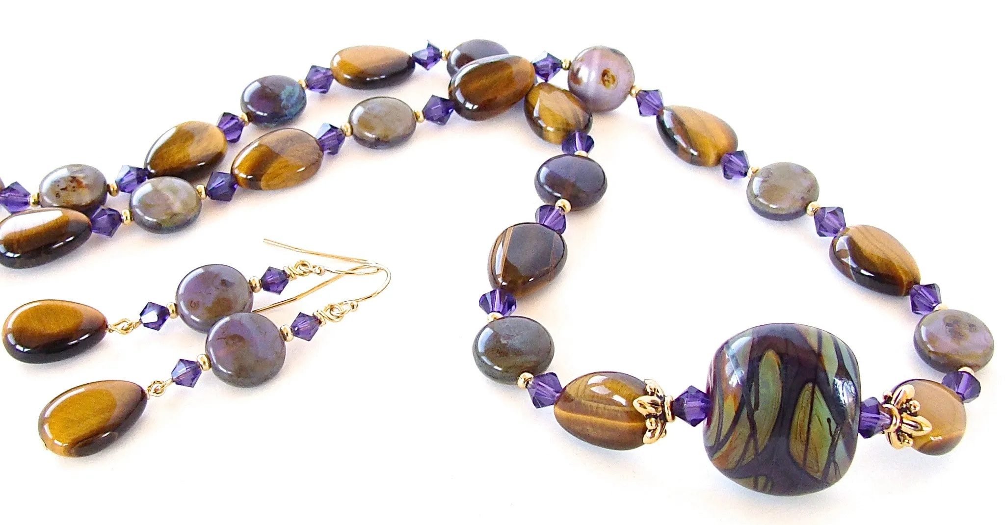 Yvonne: Art Glass Necklace with Tigers Eye Gemstones