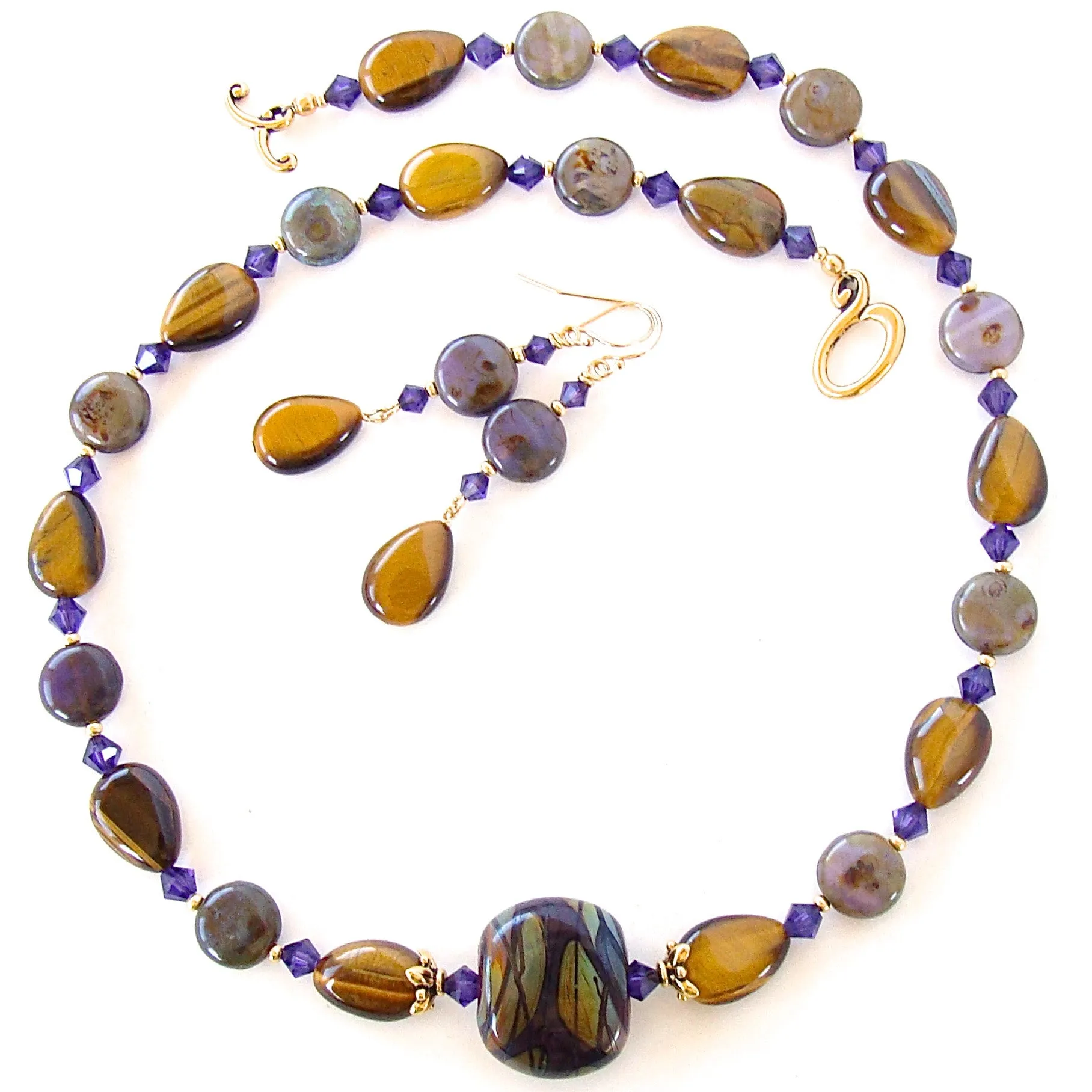 Yvonne: Art Glass Necklace with Tigers Eye Gemstones