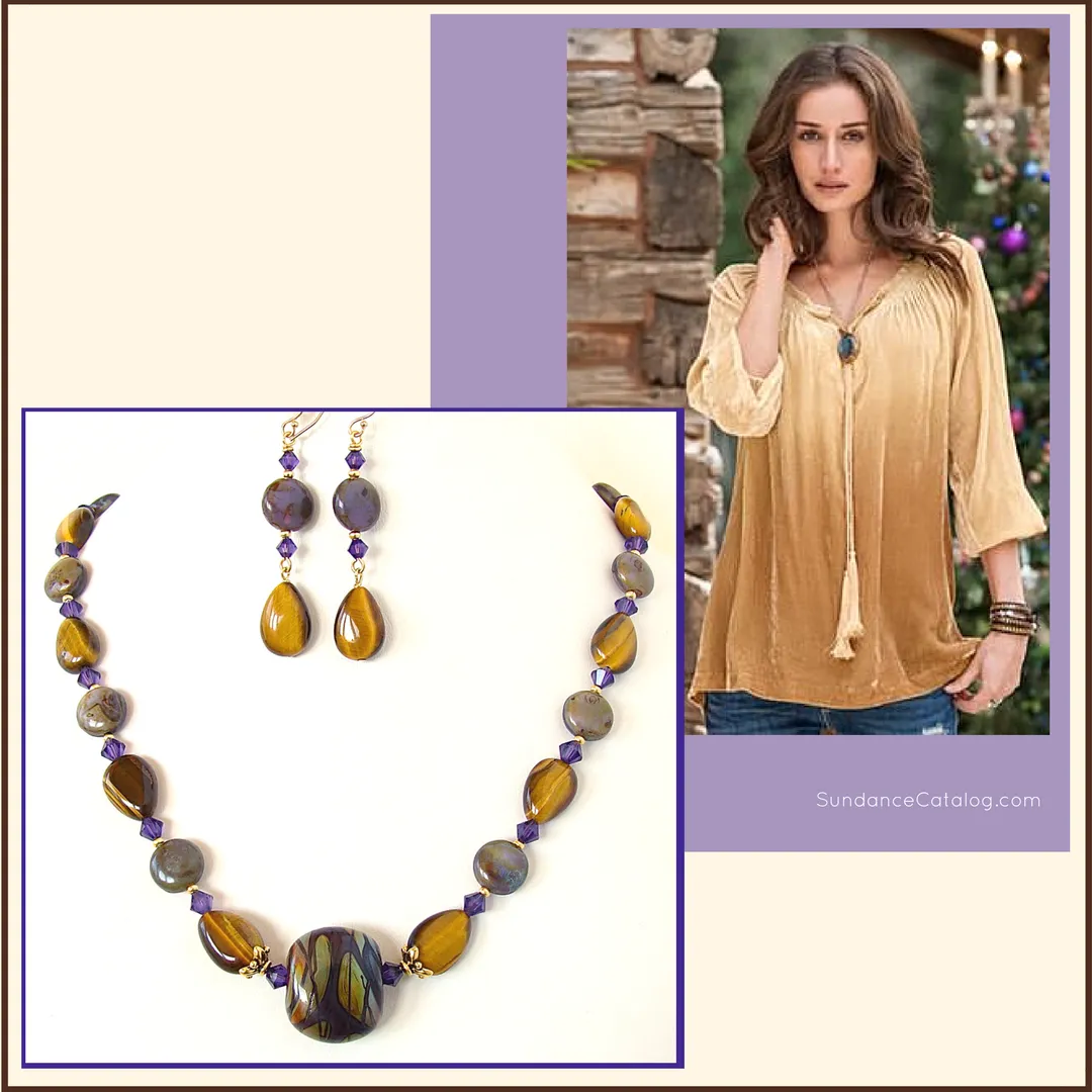 Yvonne: Art Glass Necklace with Tigers Eye Gemstones