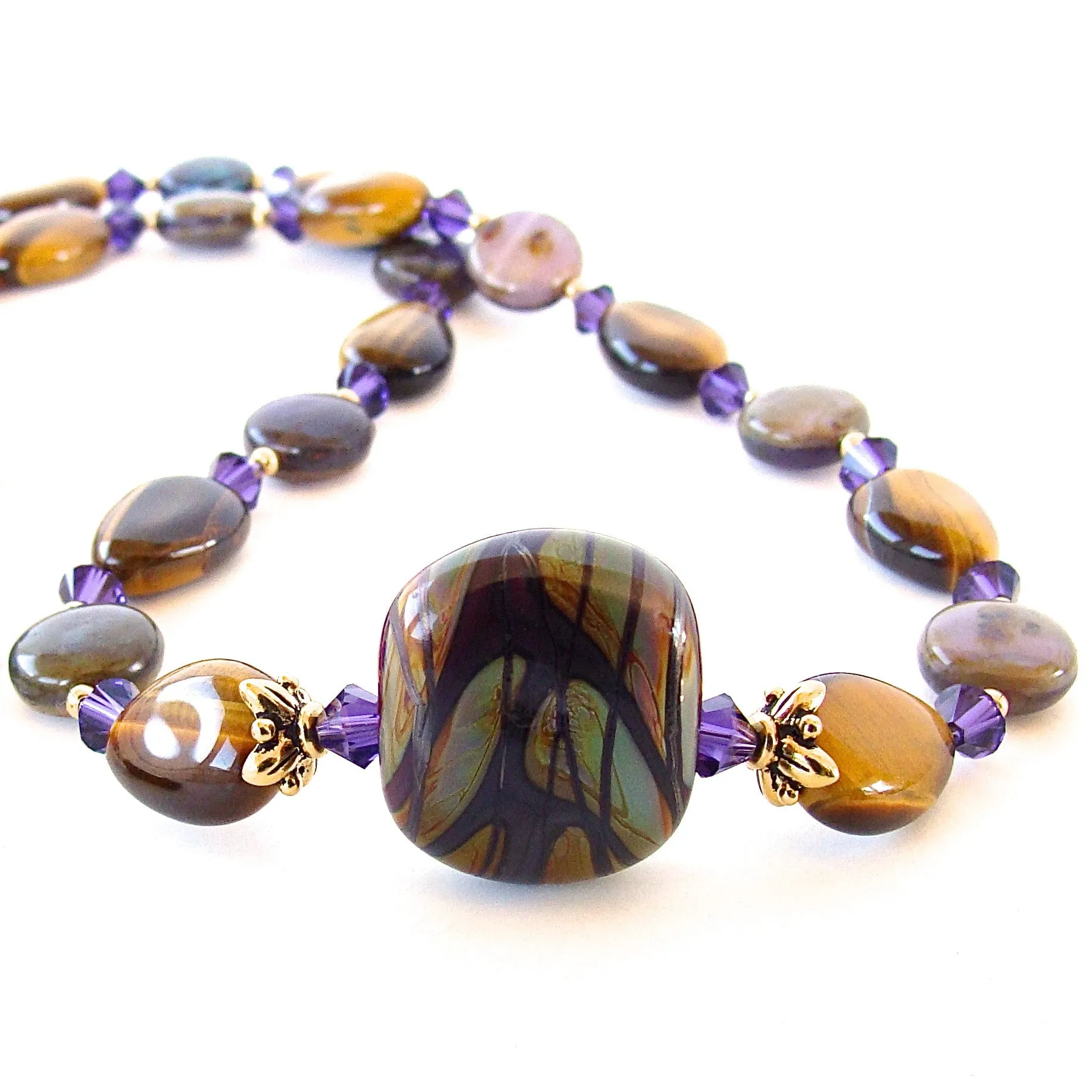 Yvonne: Art Glass Necklace with Tigers Eye Gemstones