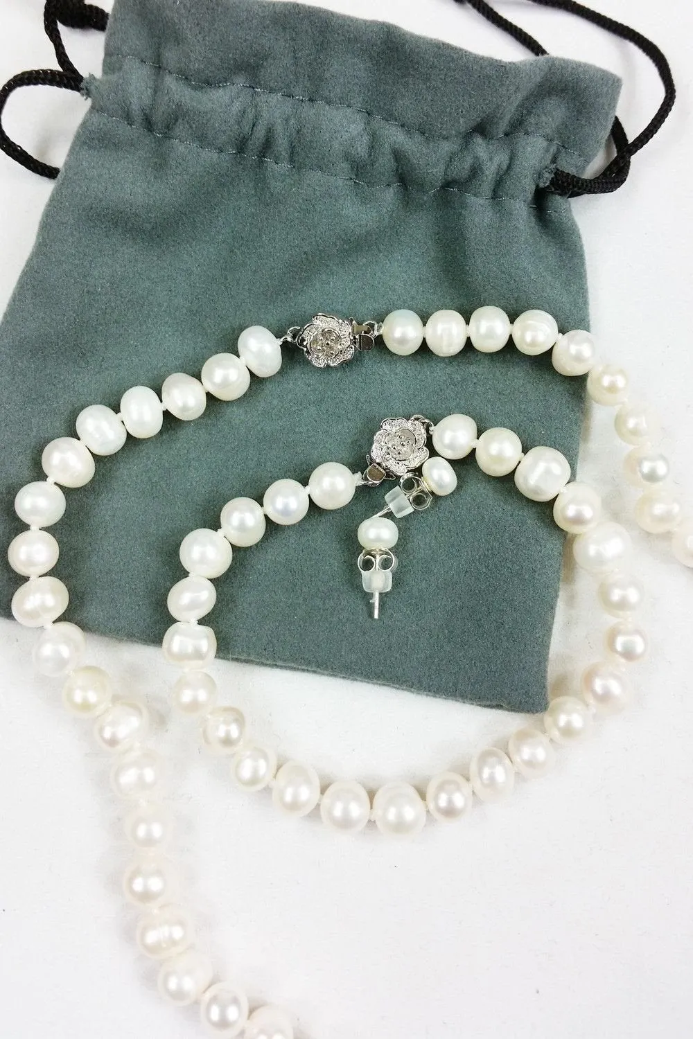 ZEN ZHU Freshwater Pearl Silver Clasp Necklace Bracelet Earrings Set